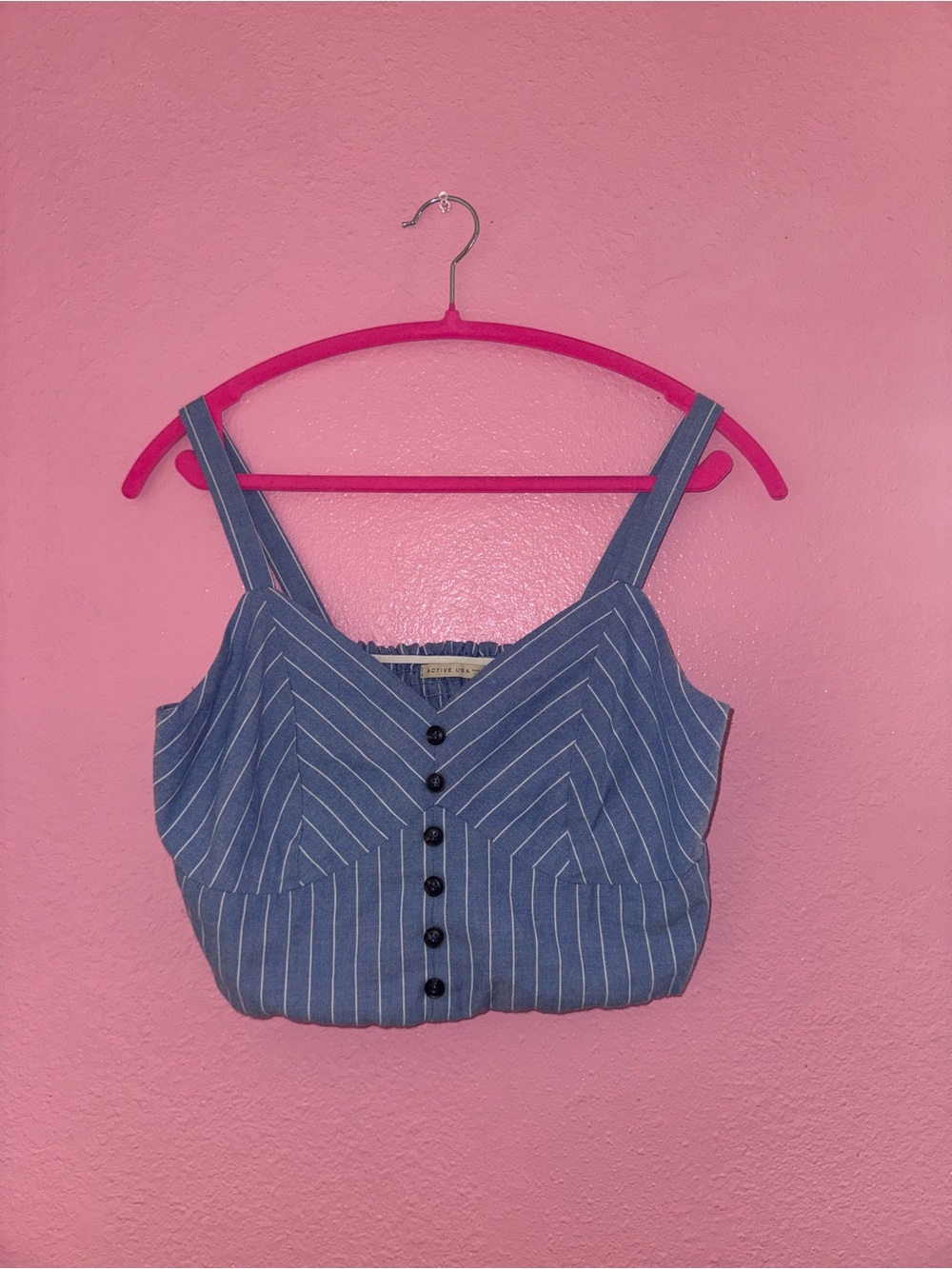 Active USA Blue Pinstripe Cropped Button Tank